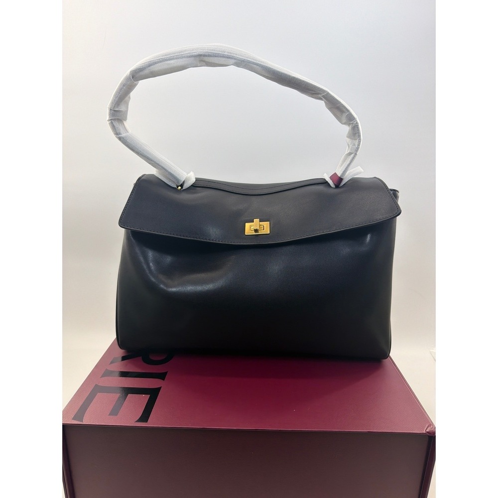 Atorie Avalea Black Leather Turn-Lock Satchel Top Handle Bag Gold Hardware NWT